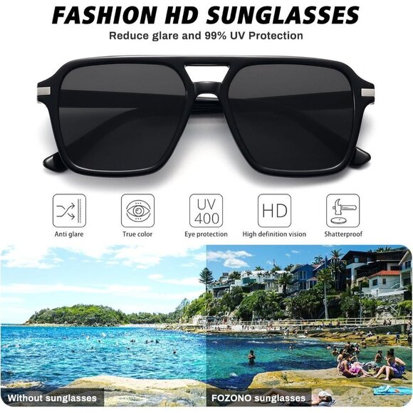 ?Women Black Retro Trendy Classic Square Vintage Shade Double Bridge Sunglasses main image 4